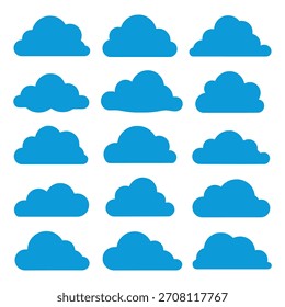 Una ilustración gráfica que presenta una cuadrícula de doce iconos de nube azules simples y planos, cada uno con una forma esponjosa distinta, presentada sobre un fondo blanco limpio para una fácil integración en los diseños.