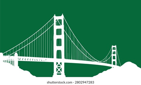 A graphic illustration featuring the iconic Golden Gate Bridge in a white silhouette against a vibrant green background, with subtle landforms at the base, emphasizing its architectural form.