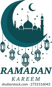 Uma ilustração gráfica com uma grande lua crescente atrás de uma silhueta de uma mesquita com cúpulas e minaretes. Várias lanternas ornamentadas se penduram na lua crescente, juntamente com luas crescentes menores e estrelas. As palavras "RAMADAN KAREEM" são exibidas em texto grande e amarelo na parte inferior.