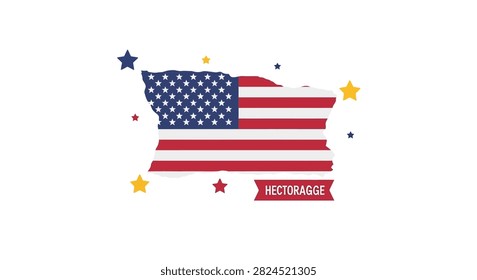 Graphic illustration featuring the map outline of the US state of Iowa filled with the American flag pattern and accented with colorful stars and a banner.
