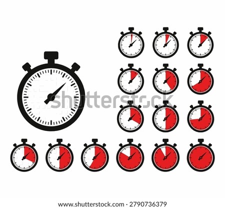 A graphic illustration featuring multiple stopwatch icons representing various stages of time measurement.