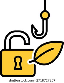 A graphic illustration featuring an open yellow padlock, a fishing hook, and a leaf, symbolizing cybersecurity risks, data vulnerability, and natural elements.