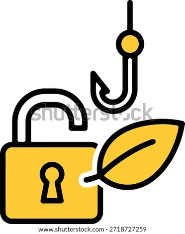 A graphic illustration featuring an open yellow padlock, a fishing hook, and a leaf, symbolizing cybersecurity risks, data vulnerability, and natural elements.