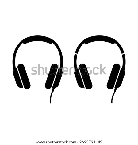 A graphic illustration featuring a pair of black headphones, depicted from a side view. These audio devices are isolated on a plain white background, ideal for representing music, technology, or sound