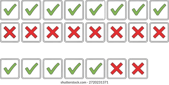 A graphic illustration featuring a pattern of green checkmarks and red crosses on a white background, arranged in rows.