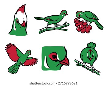 A graphic illustration featuring six distinct depictions of green birds, some with red accents, presented in a clean, vector art style.