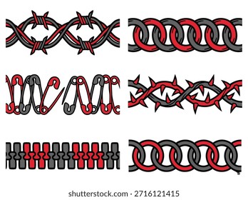 Uma ilustração gráfica com seis elementos decorativos distintos de borda, incluindo arame farpado, correntes, pinos de segurança e zíperes, apresentados em um padrão repetitivo.