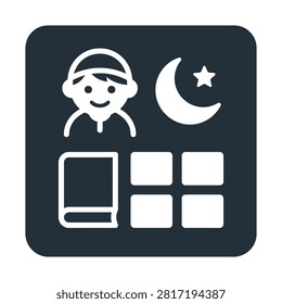 A graphic illustration featuring a smiling Muslim figure, a crescent moon with a star, a holy book, and a grid, suggesting themes of faith, learning, and spiritual routine.