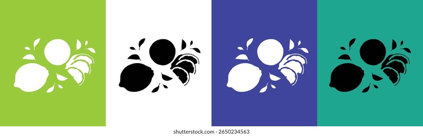 A graphic illustration featuring stylized citrus fruits and leaves presented in four vertical color blocks.