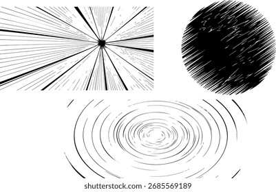 Graphic illustration featuring three abstract shapes: radial lines, a scribbled oval, and concentric circles. All elements are black on white.