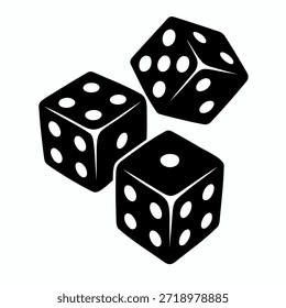 Una ilustración gráfica con tres dados negros dispuestos en un Pequeño grupo, que muestra varios números de puntos en sus caras visibles. La Imagen es un diseño sencillo y de alto contraste.