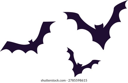A graphic illustration featuring three dark purple bat silhouettes in flight against a clean white background, evoking a sense of Halloween or nocturnal activity.Three dark purple bat silhouettes flying against a white background, vector illustration