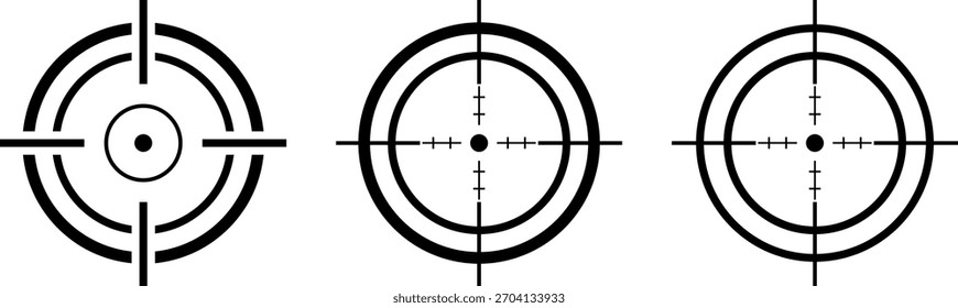 A graphic illustration featuring three distinct crosshair reticles, each with concentric oval shapes and intersecting lines for aiming.