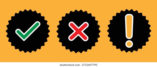 Una ilustración gráfica que presenta tres iconos distintos: una marca de verificación verde, una cruz roja y un signo de exclamación amarillo, cada uno de ellos contra una forma circular negra con un borde irregular.