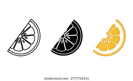 A graphic illustration featuring three wedges of an orange slice. Styles include a simple outline, a solid black silhouette, and a detailed, colorful representation.