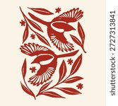 A graphic illustration featuring two black magpies flying amidst leaves and small star-like shapes, rendered in a linocut style.