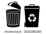 A graphic illustration featuring two black trash cans, one with an open lid and one closed, with a recycling symbol on the closed can, presented as a distinctive silhouette.