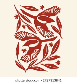 Eine grafische Illustration mit zwei schwarzen Elstern, die zwischen Blättern fliegen und kleinen sternförmigen Formen, die im Linolschnitt-Stil gerendert sind.