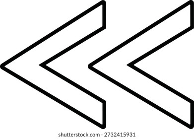 Una ilustración gráfica con dos galones apuntando a la izquierda. Los chevrones están delineados en negro sobre un fondo blanco. El símbolo se usa comúnmente en interfaces digitales para representar la función de 'rebobinar', navegar a una página anterior o moverse al comienzo de una secuencia. Es un icono universalmente reconocido para la navegación hacia atrás.