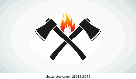 A graphic illustration featuring two crossed black axes positioned in front of a vibrant orange and yellow flame