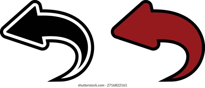 Una ilustración gráfica con dos flechas curvas. La flecha de la izquierda es negra con un contorno blanco, y la flecha de la derecha es roja con un contorno negro. Ambas flechas se curvan hacia abajo y hacia la izquierda, pareciéndose a una función de repetición o Deshacer. Se presentan sobre un fondo blanco liso.