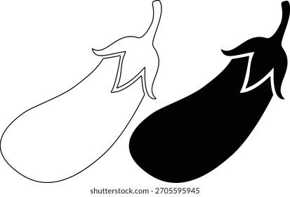 Una ilustración gráfica con dos berenjenas. Uno es una silueta negra sólida, mientras que el otro es una silueta de contorno.