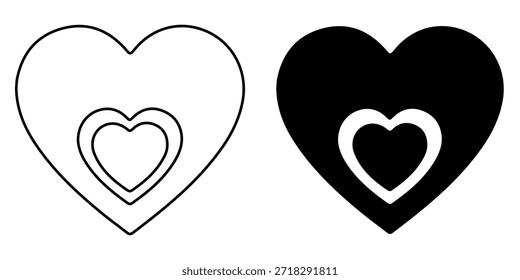 A graphic illustration featuring two heart shapes. The left heart is outlined in black, containing two smaller outlined hearts within. The right heart is solid black, with a white outlined heart nested inside.