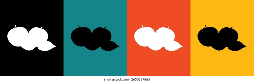 Una ilustración gráfica con dos frutas estilizadas con hojas. 
