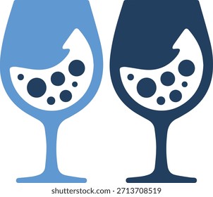 Uma ilustração gráfica com dois ícones de vidro de vinho, um em azul claro e outro em azul escuro, ambos cheios de bolhas e líquido, isolados sobre fundo branco