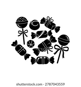A graphic illustration featuring a variety of candy and lollipop shapes in a black and white silhouette style.