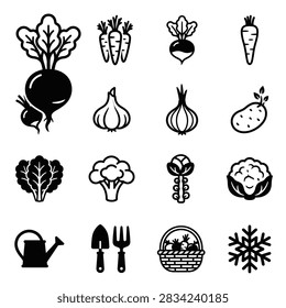 A graphic illustration featuring various fresh vegetable icons and essential garden tools for planting and harvesting.