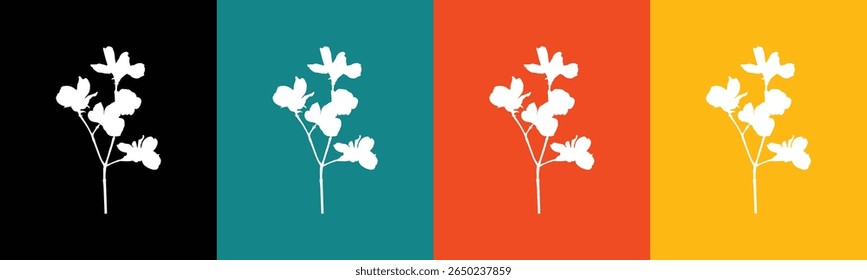 A graphic illustration featuring white silhouettes of flowering branches against four distinct solid color backgrounds arranged in vertical stripes. 