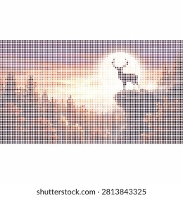 Graphic illustration featuring a wildlife deer silhouette on cliff edge with sunset lighting and forest background.