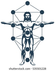 Graphic illustration - the figure of a man superimposed on the cabalistic tree of life.