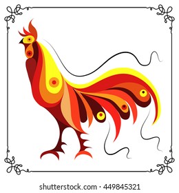 Graphic illustration of fire cock, symbol of 2017. Suitable for invitation, flyer, sticker, poster, banner, card,label, cover, web. Vector element for New Year's design.