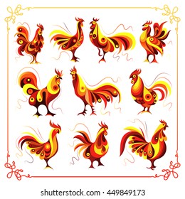 Graphic illustration of fire cock, symbol of 2017 (set). Suitable for invitation, flyer, sticker, poster, banner, card,label, cover, web. Vector element for New Year's design.