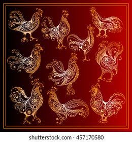 Graphic illustration of fire cock, symbol of 2017 (set, kit, group). Suitable for invitation, flyer, sticker, poster, banner, card,label, cover, web. Vector element for New Year's design.