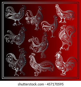 Graphic illustration of fire cock, symbol of 2017 (set, kit, group). Suitable for invitation, flyer, sticker, poster, banner, card,label, cover, web. Vector element for New Year's design.