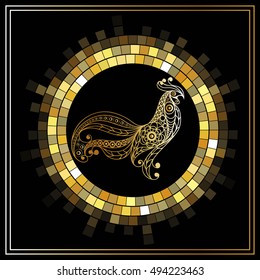 Graphic illustration of fire cock, symbol of 2017. Suitable for invitation, flyer, sticker, poster, banner, card, label, cover, web. Vector element for New Year's design.
