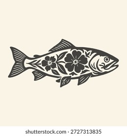 Ilustração gráfica de um peixe com elementos decorativos florais e foliares em sua silhueta, apresentada em estilo monocromático.