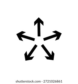 A graphic illustration of five black arrows fanning out from a central point, symbolizing expansion, spread, divergence, and distribution.