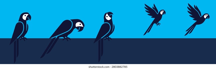 A graphic illustration of five dark blue macaws against a bright blue background. Three macaws are perched, one is bending down, and two are in flight.