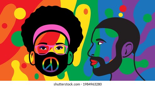 Graphic illustration flat art faces of gay people, wear black face mask with peace symbol, in LGBTQ+ pride with mood multicolored background, purple, blue, green, yellow, orange and red