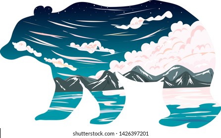 Graphic illustration. A flat landscape against the background of large cumulus clouds and a smooth even lake. Illustration for t-shirts, trenches or covers.