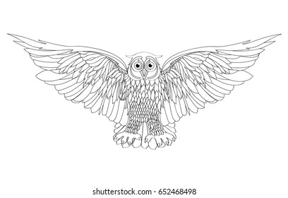 Graphic illustration of flying owl. Vector illustration. Black and white style. Hand drawn.
