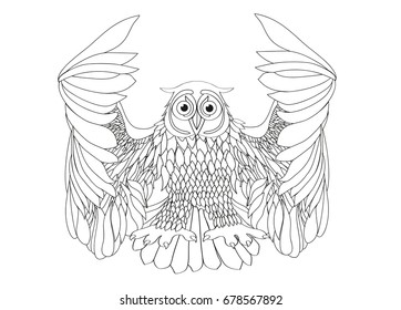 Graphic illustration of flying owl. Vector illustration. Black and white style. Hand drawn.