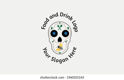 graphic illustration of the food and drink logo design consisting of the skull of Dias De Los Muertos