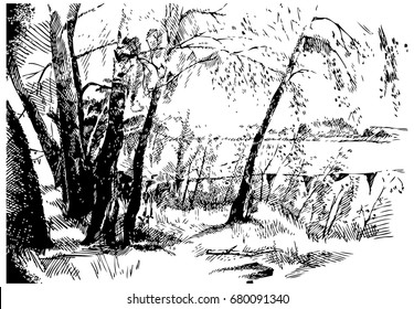 Graphic illustration of a forest on the edge of a lake