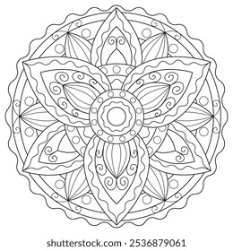 graphic illustration in the form of a mandala with geometric floral motifs for decoration, drawings, anti-stress coloring pages, postcards, books