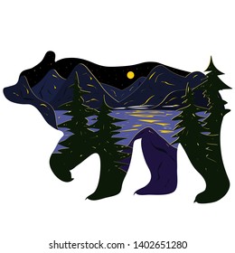 Graphic illustration in the form of a silhouette of a bear and nature inside. Night landscape of the moon lake, mountains and firs. Illustration for t-shirts, trenches or covers.
